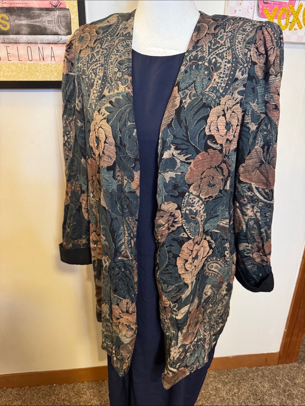 Vintage Floral Jacquard Long Blazer in Teal and Brown
